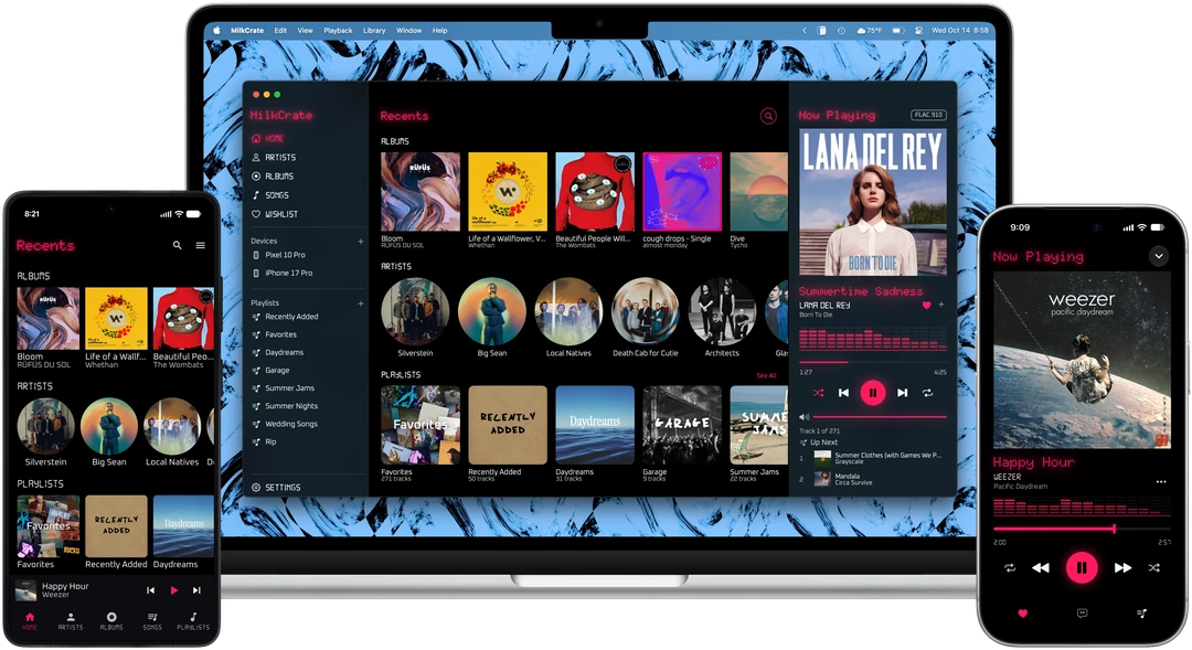 MilkCrate on an Android phone, a MacBook, and an iPhone, showing recent albums, artists, and playlists and the song playing
